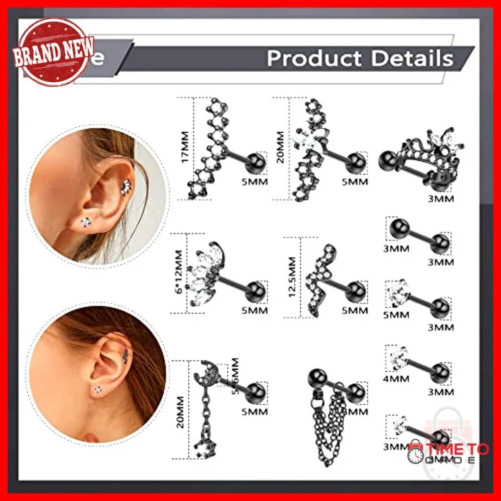 16G Surgical Steel Cartilage Earrings Set, 14 Pcs Hypoallergenic Piercing